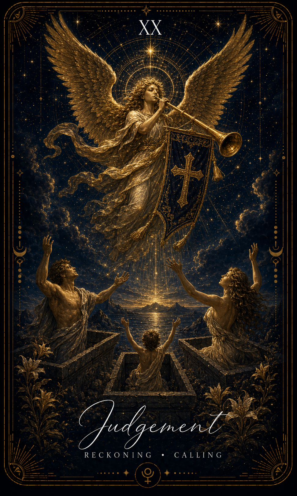 The Judgement card from the Zero Degree Alchemy deck, figures rising toward an angel's trumpet on a starry navy background with gold filigree