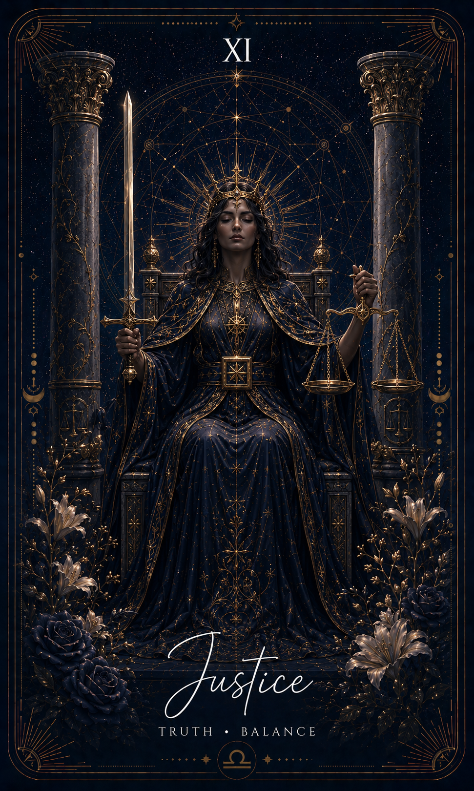 The Justice card from the Zero Degree Alchemy deck, a robed figure holding scales and a sword on a starry navy background with gold filigree