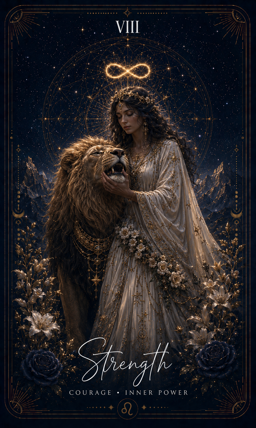 The Strength card from the Zero Degree Alchemy deck, a woman gently closing a lion's jaws on a starry navy background with gold filigree