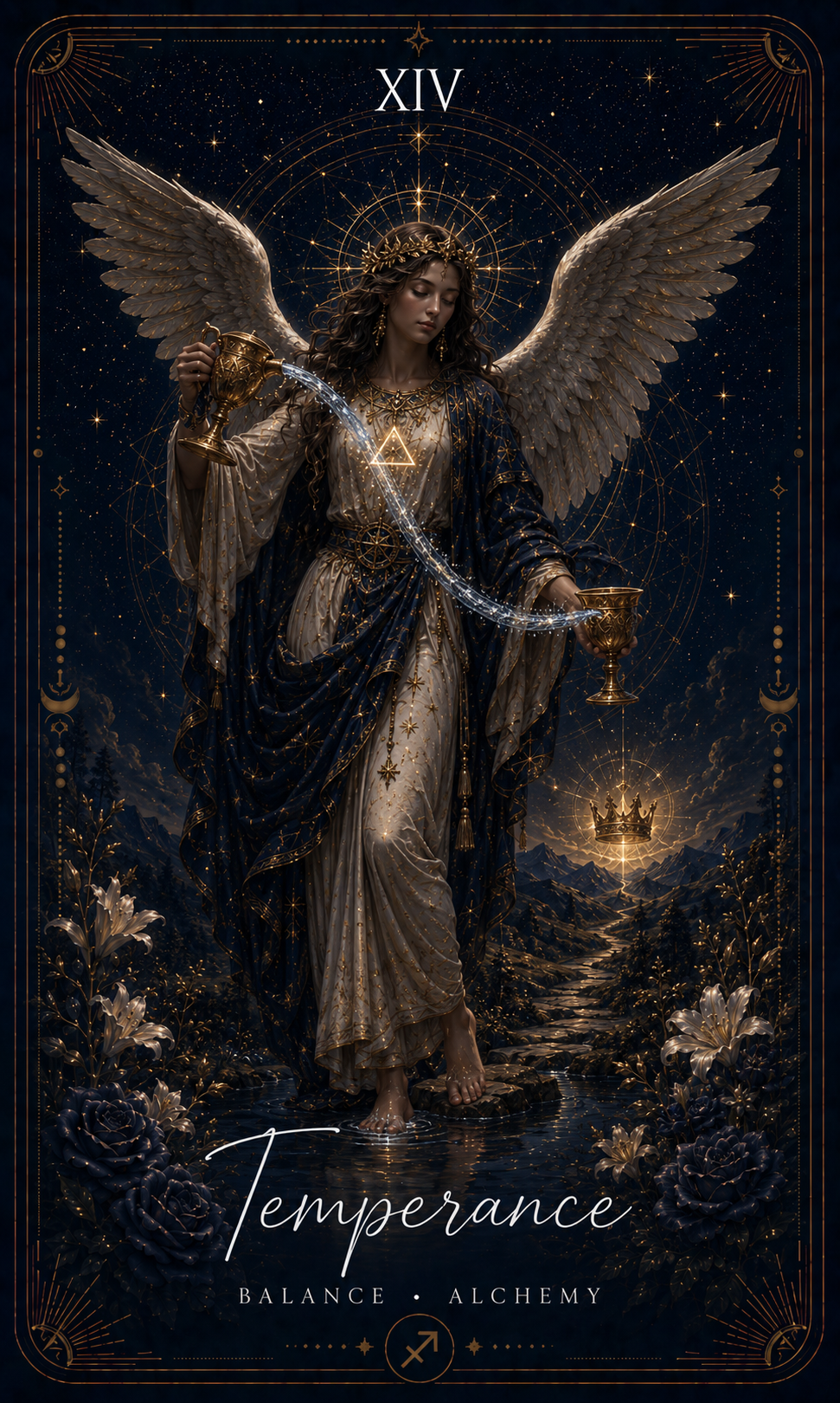 The Temperance card from the Zero Degree Alchemy deck, an angel blending water between two cups on a starry navy background with gold filigree