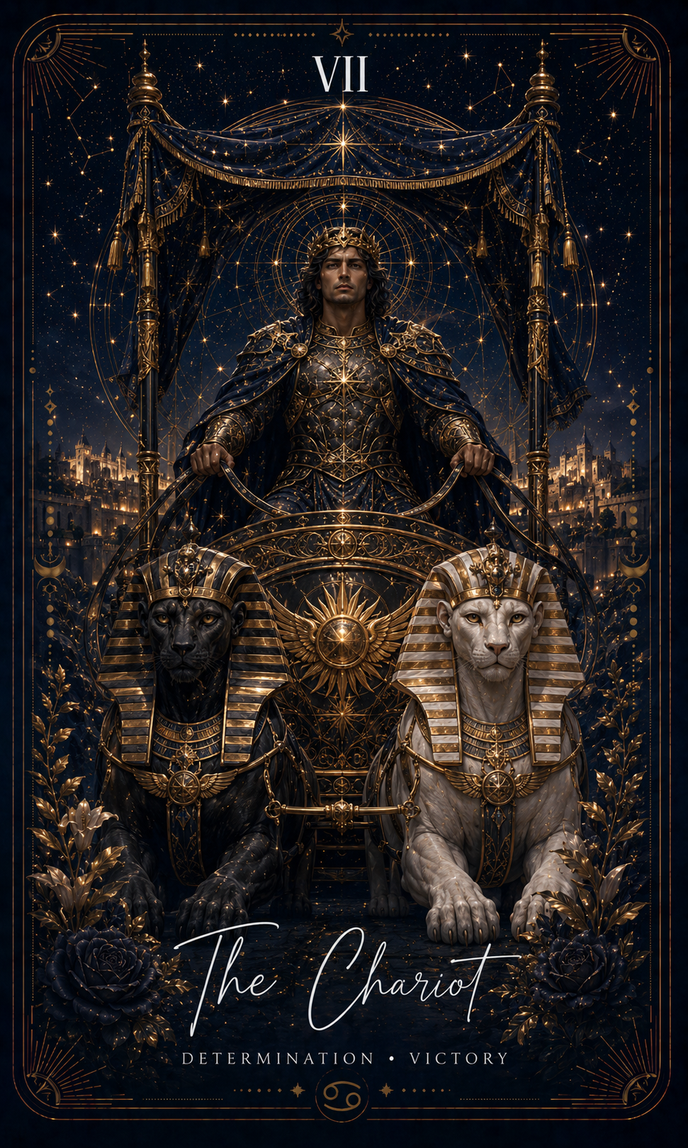 The Chariot card from the Zero Degree Alchemy deck, an armored figure driving two sphinxes on a starry navy background with gold filigree