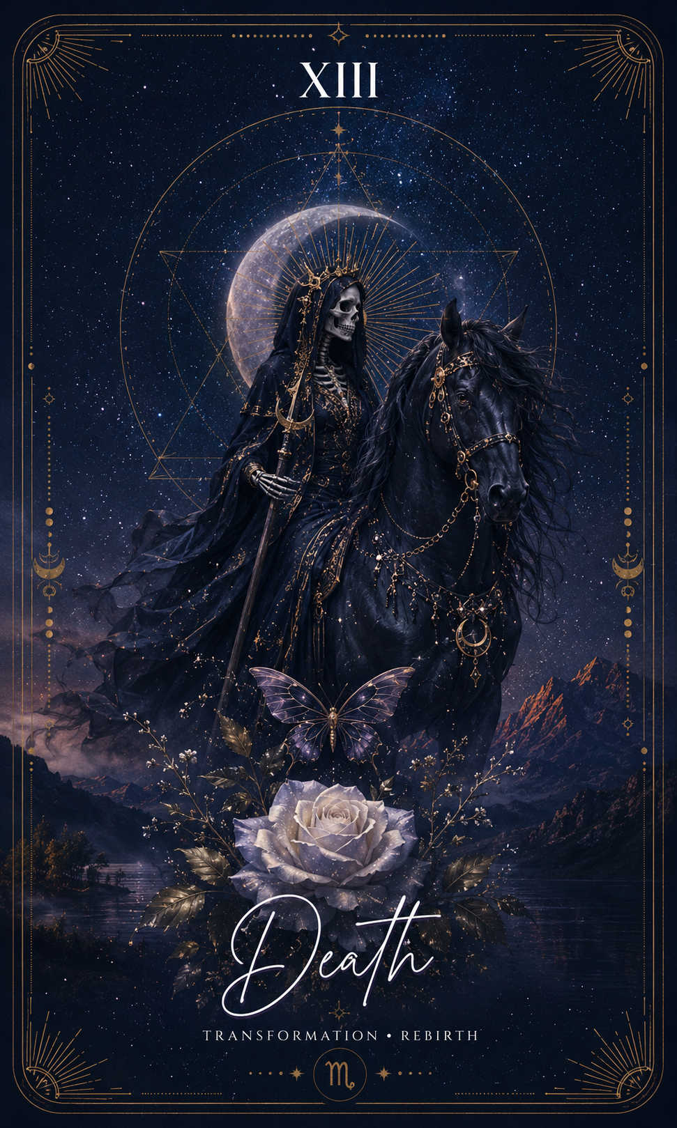 The Death card from the Zero Degree Alchemy deck, a divine feminine illustration of transformation on a starry navy background with gold filigree