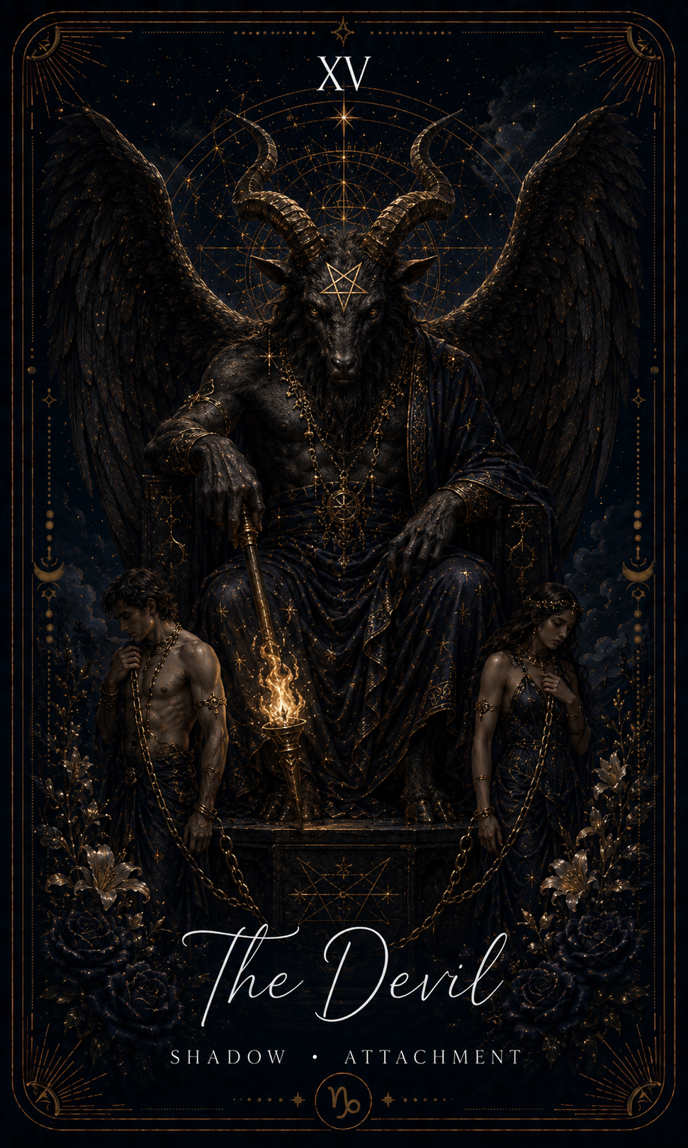 The Devil card from the Zero Degree Alchemy deck, a horned figure above two loosely chained humans on a starry navy background with gold filigree