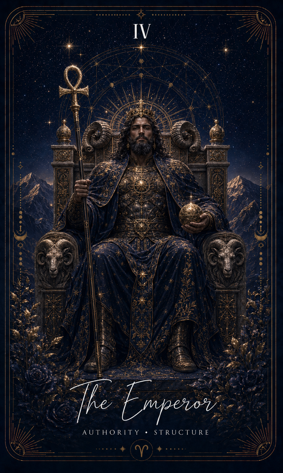 The Emperor card from the Zero Degree Alchemy deck, a crowned ruler on a stone throne on a starry navy background with gold filigree