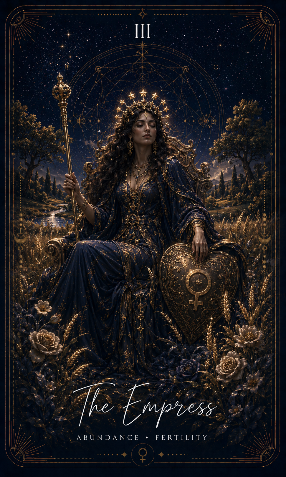 The Empress card from the Zero Degree Alchemy deck, a crowned mother figure in a fertile landscape on a starry navy background with gold filigree