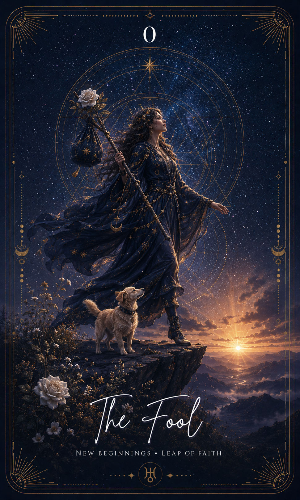 The Fool card from the Zero Degree Alchemy deck, a figure stepping toward the edge of a cliff under a white sun on a starry navy background with gold filigree
