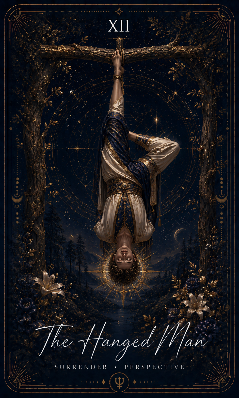 The Hanged Man card from the Zero Degree Alchemy deck, a serene figure suspended upside down on a starry navy background with gold filigree