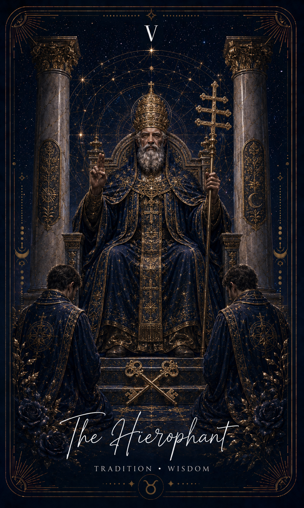 The Hierophant card from the Zero Degree Alchemy deck, a robed spiritual teacher with crossed keys on a starry navy background with gold filigree