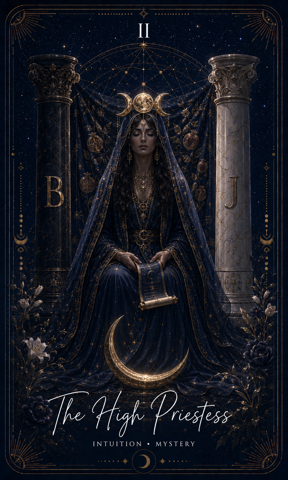The High Priestess card from the Zero Degree Alchemy deck, a veiled figure between two pillars beneath a crescent moon on a starry navy background with gold filigree