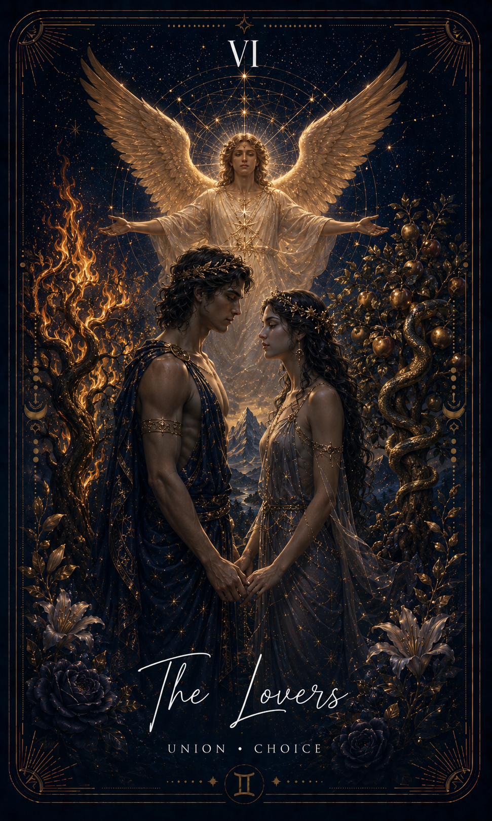 The Lovers card from the Zero Degree Alchemy deck, two figures beneath an angel on a starry navy background with gold filigree
