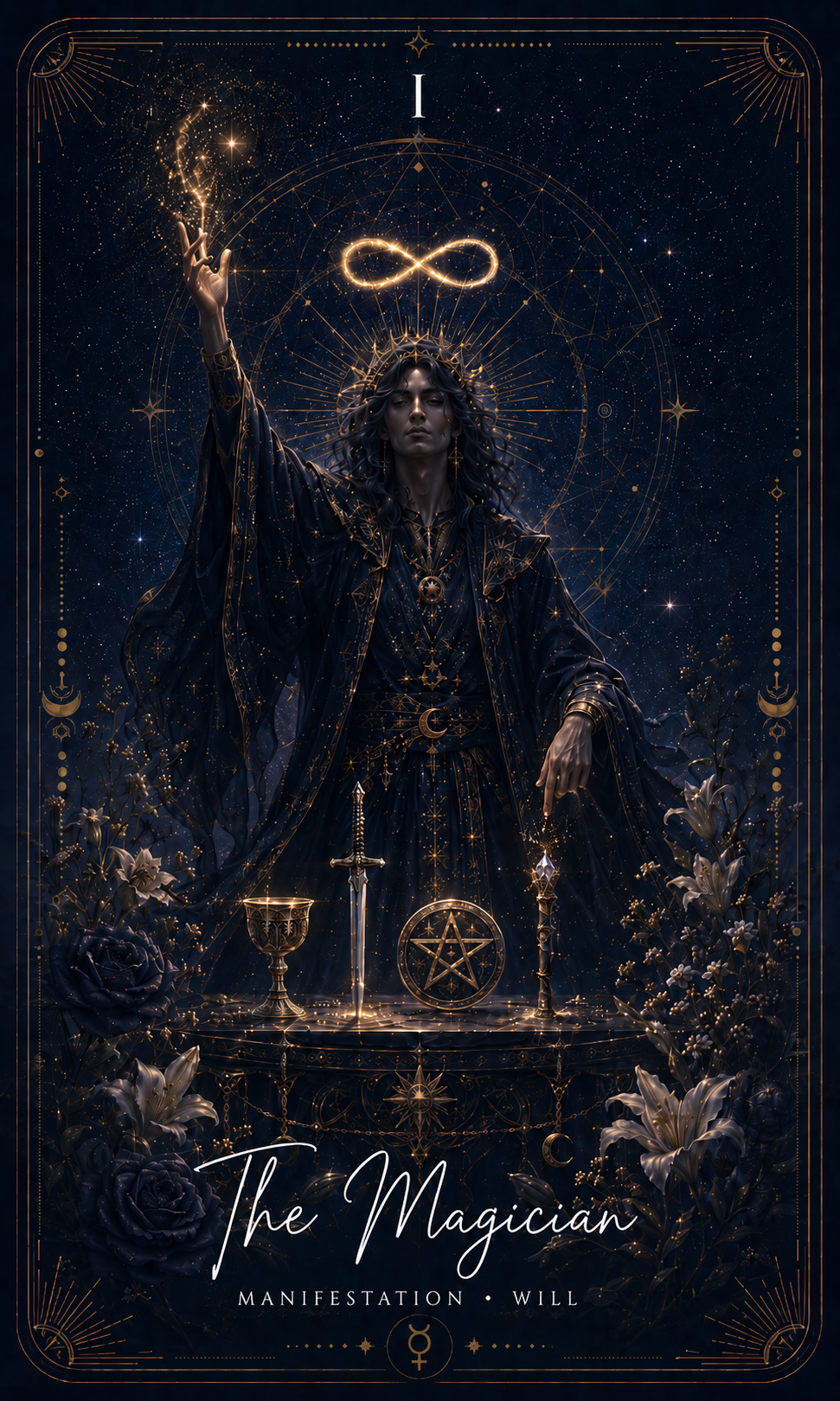 The Magician card from the Zero Degree Alchemy deck, a figure channeling power between heaven and earth on a starry navy background with gold filigree
