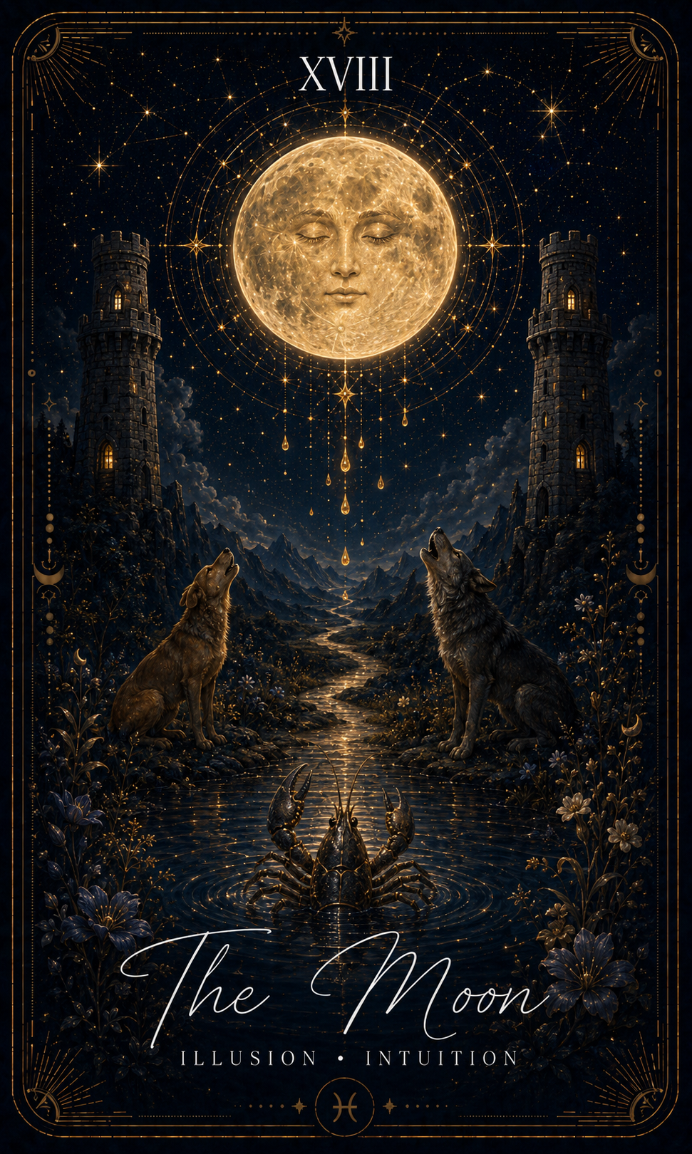 The Moon card from the Zero Degree Alchemy deck, a moon over a winding path between two towers on a starry navy background with gold filigree