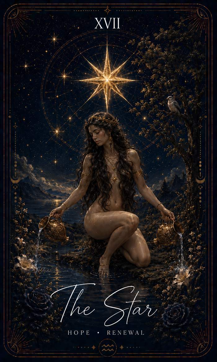 The Star card from the Zero Degree Alchemy deck, a divine feminine figure pouring water beneath an eight-pointed star on a starry navy background with gold filigree