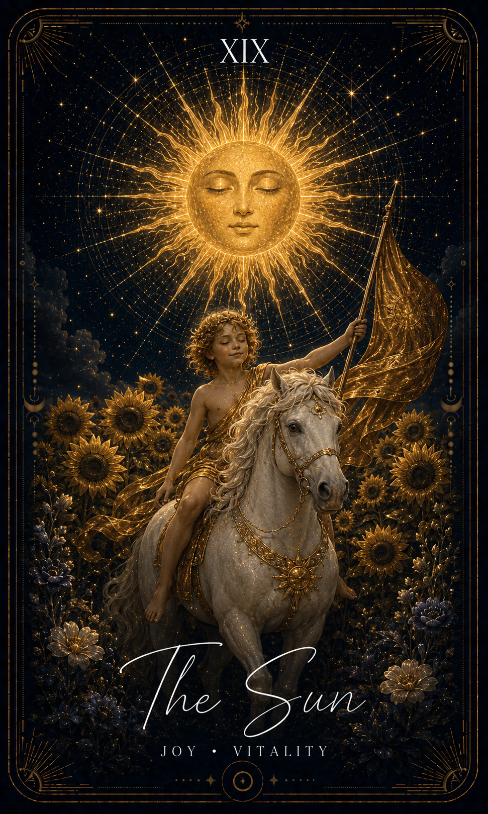 The Sun card from the Zero Degree Alchemy deck, a radiant sun over a child on horseback against a starry navy background with gold filigree