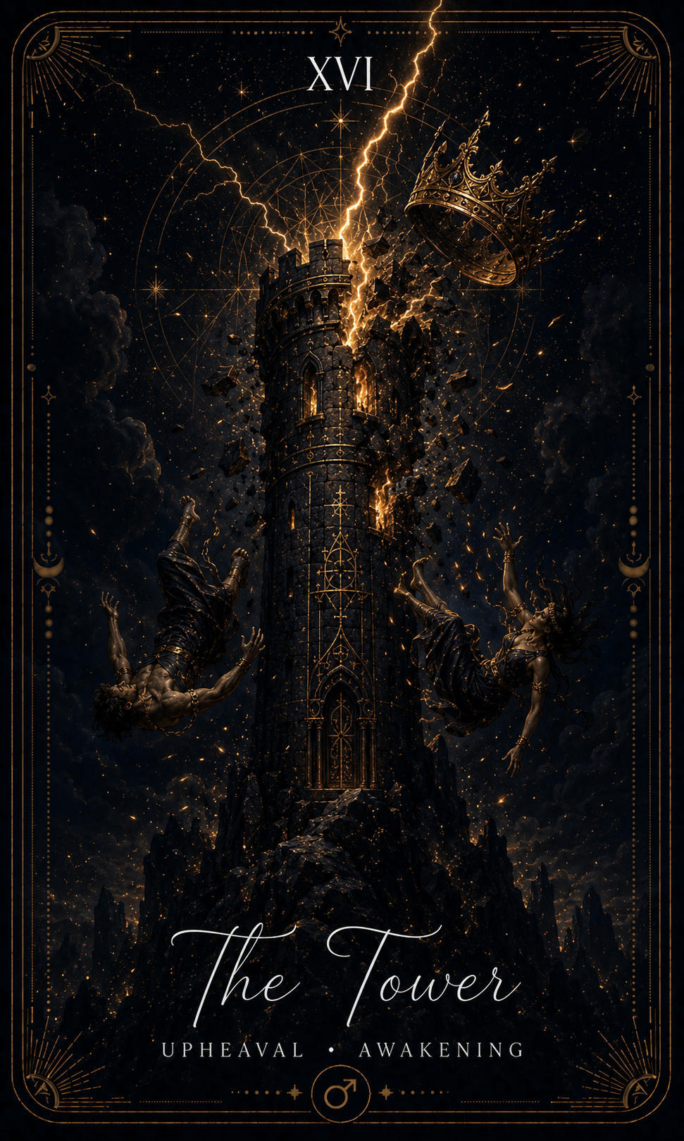 The Tower card from the Zero Degree Alchemy deck, a lightning-struck tower against a starry navy background with gold filigree