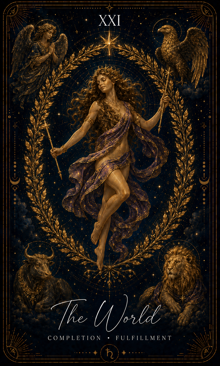 The World card from the Zero Degree Alchemy deck, a dancing figure within a great wreath on a starry navy background with gold filigree