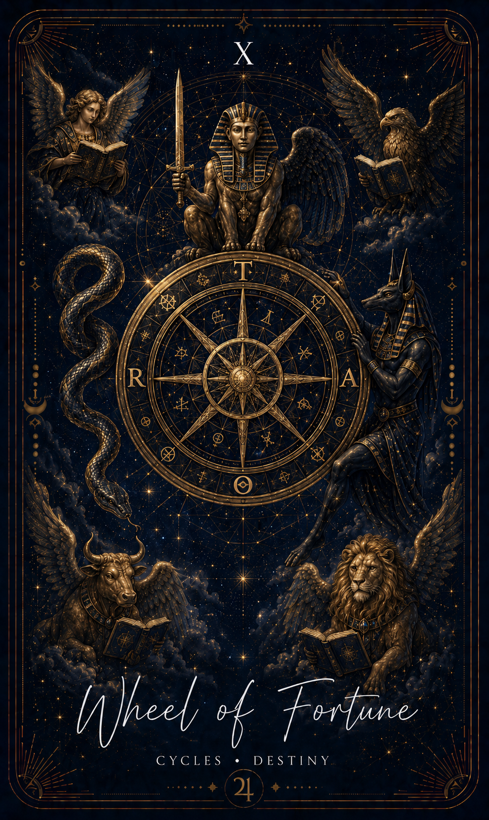 The Wheel of Fortune card from the Zero Degree Alchemy deck, a great turning wheel on a starry navy background with gold filigree
